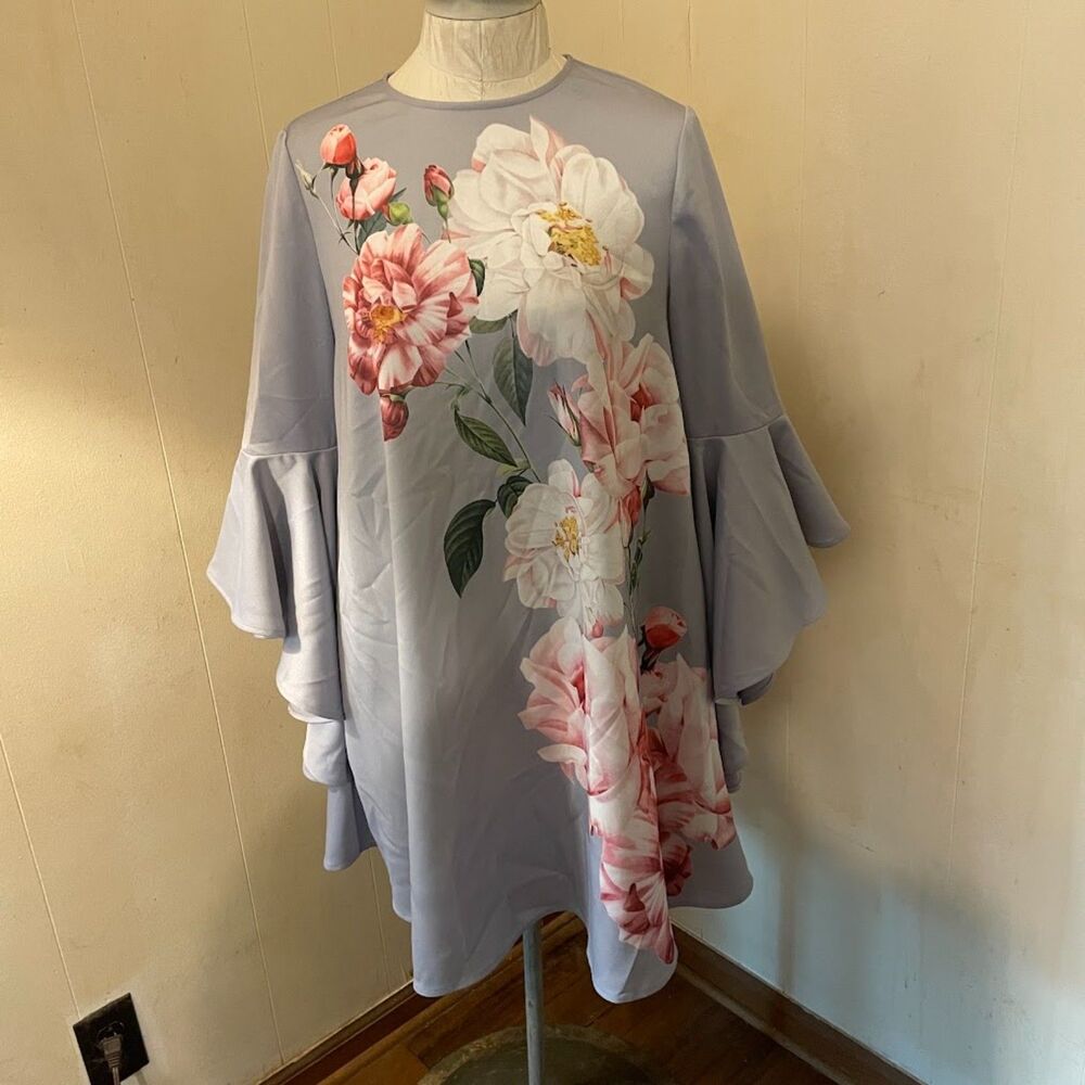 TED BAKER SADYA IGUAZU Bell Sleeve Floral A-Line Short DRESS sz 1 US 4